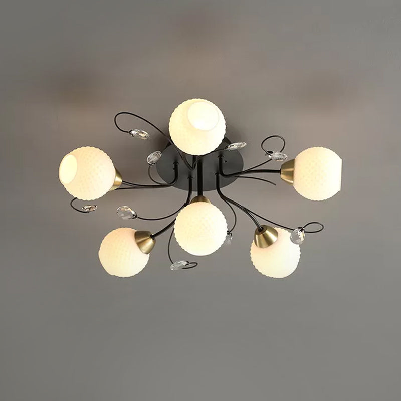 Modern Black Ceiling Light With Opal Glass Shade - 6 Head Semi-Flush Mount For Living Room