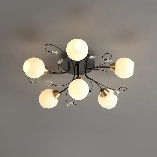 Modern Black Ceiling Light With Opal Glass Shade - 6 Head Semi-Flush Mount For Living Room