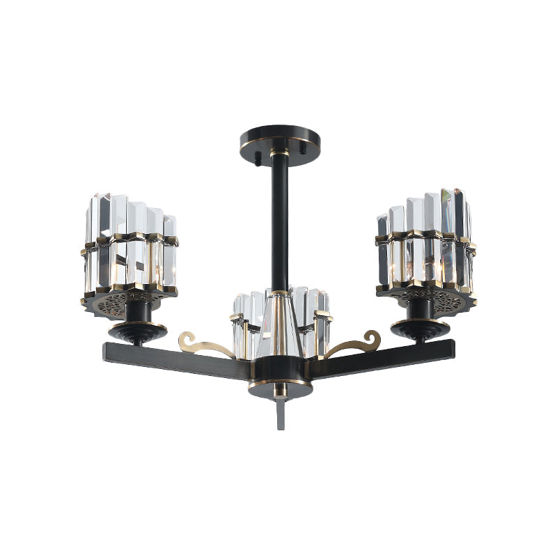 Crystal Prisms Half-Cylinder Ceiling Light with 3 Bulbs - Elegant Black Semi Flush Chandelier for Parlor