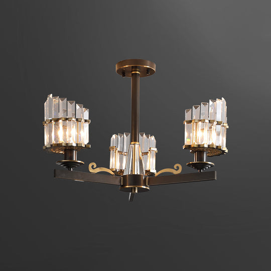 Crystal Prisms Half-Cylinder Ceiling Light with 3 Bulbs - Elegant Black Semi Flush Chandelier for Parlor