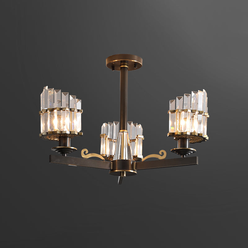 Crystal Prisms Half-Cylinder Ceiling Light With 3 Bulbs - Elegant Black Semi Flush Chandelier For