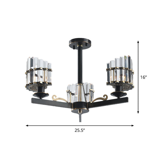 Crystal Prisms Half-Cylinder Ceiling Light with 3 Bulbs - Elegant Black Semi Flush Chandelier for Parlor