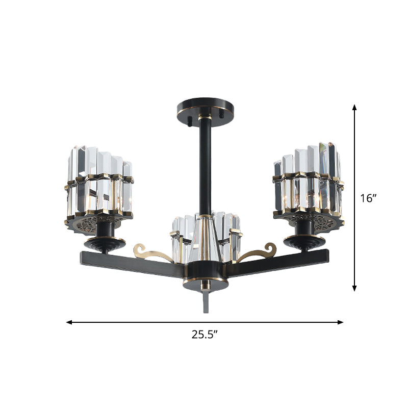 Crystal Prisms Half-Cylinder Ceiling Light With 3 Bulbs - Elegant Black Semi Flush Chandelier For