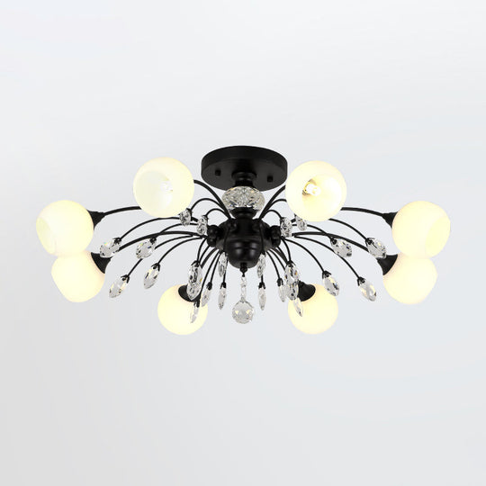 Modern Opal Glass Sputnik Globe Semi Flush Ceiling Fixture with Crystal Deco - 8-Bulb, Black