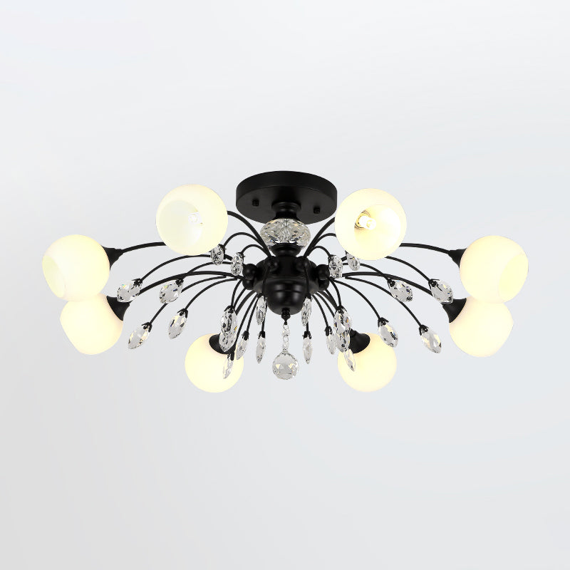 Modern Opal Glass Sputnik Globe Semi Flush Ceiling Fixture With Crystal Deco - 8-Bulb Black