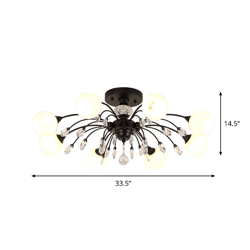 Modern Opal Glass Sputnik Globe Semi Flush Ceiling Fixture with Crystal Deco - 8-Bulb, Black