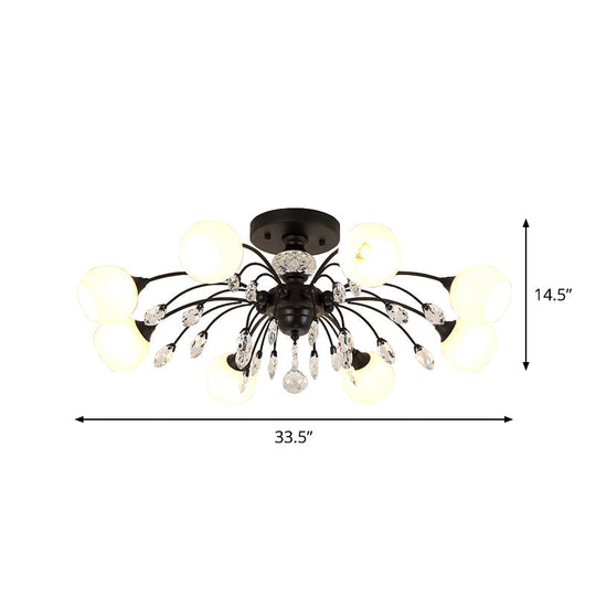 Modern Opal Glass Sputnik Globe Semi Flush Ceiling Fixture with Crystal Deco - 8-Bulb, Black