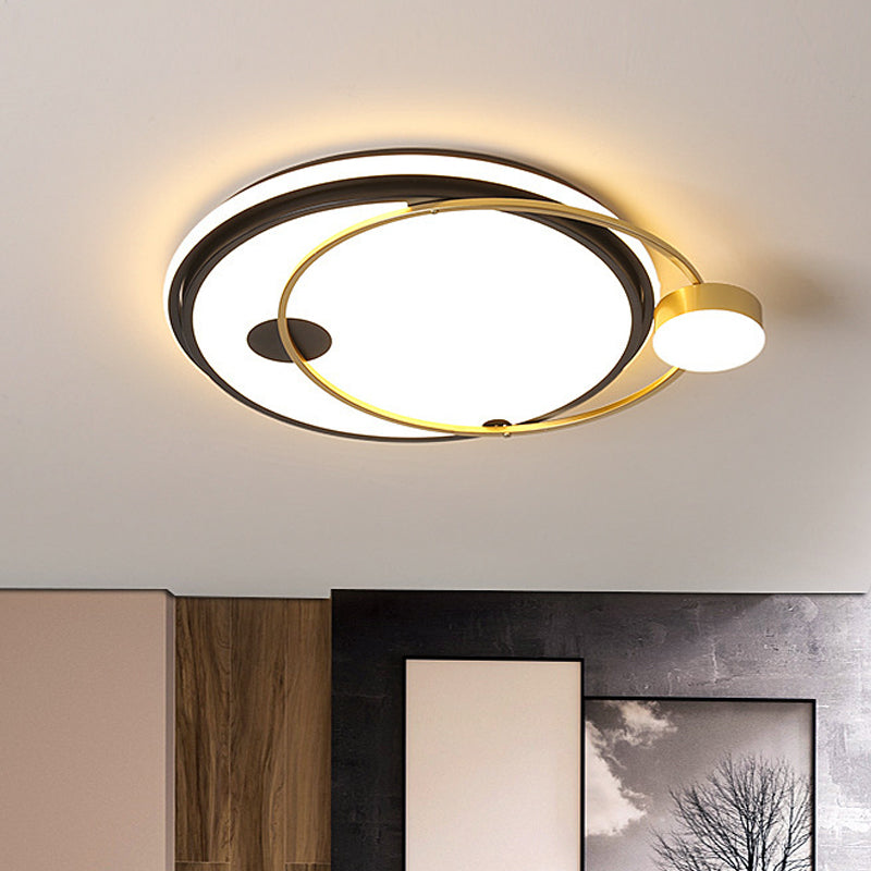 Modern Round Flush Ceiling Light - Metallic LED Bedroom Flush Mount in Black/Gold, Warm/White Light