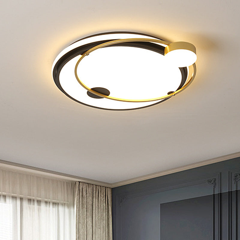 Modern Round Flush Ceiling Light - Metallic LED Bedroom Flush Mount in Black/Gold, Warm/White Light