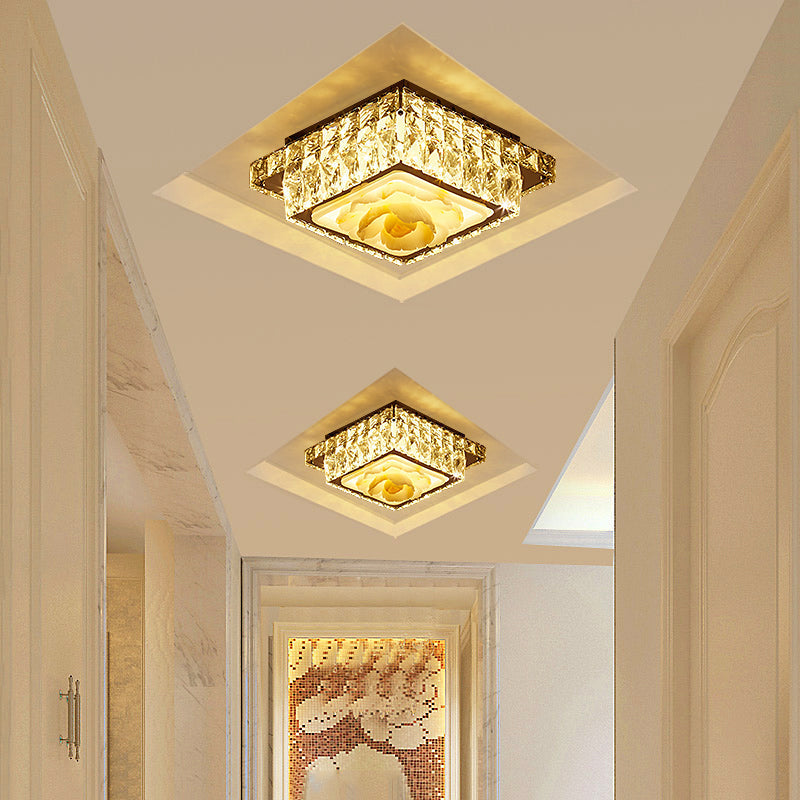 Simple Led Chrome Flush Mount Ceiling Lighting For Corridor - Crystal Block Round/Square Shape