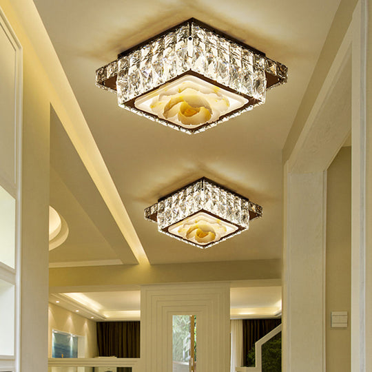 Simple Led Chrome Flush Mount Ceiling Lighting For Corridor - Crystal Block Round/Square Shape