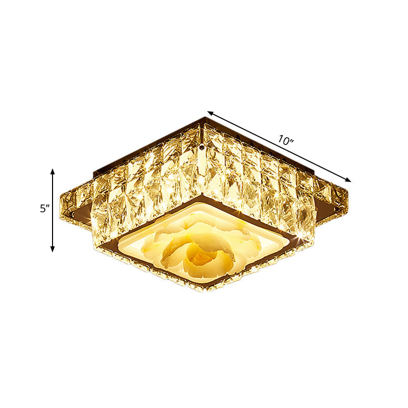 Simple Led Chrome Flush Mount Ceiling Lighting For Corridor - Crystal Block Round/Square Shape