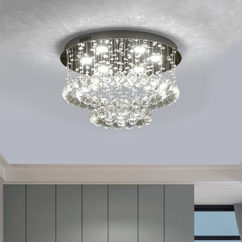 Sleek Led Flush Lamp: Nickel Circle Ceiling Light With Crystal Drip Shade 19.5/23.5 Wide / 19.5