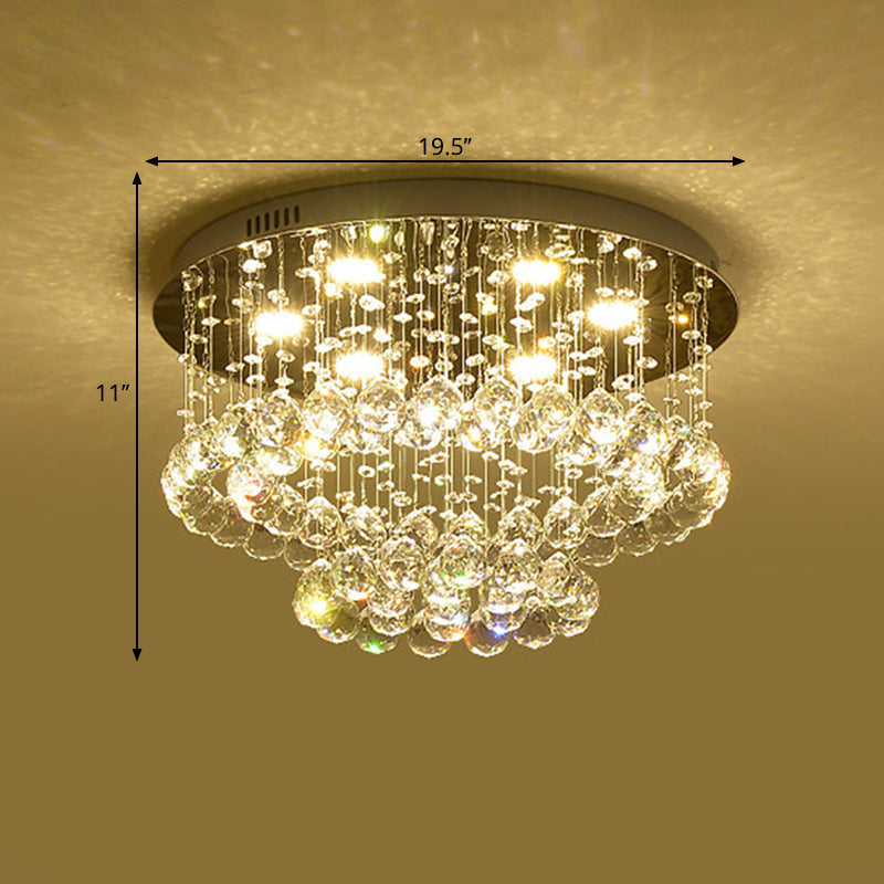 Sleek Led Flush Lamp: Nickel Circle Ceiling Light With Crystal Drip Shade 19.5/23.5 Wide