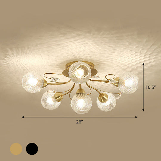 Minimal Clear Glass Globe Ceiling Mounted Fixture - 6 Bulb Semi Flush Light In Black/Gold