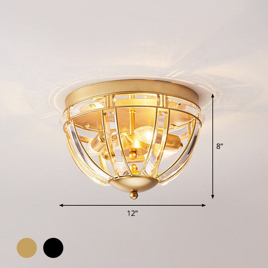 Black/Gold Crystal Dome Ceiling Fixture - Rectangle-Cut Simplicity Design 3 Bulbs Flush Mount Light