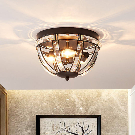 Black/Gold Crystal Dome Ceiling Fixture - Rectangle-Cut Simplicity Design 3 Bulbs Flush Mount Light