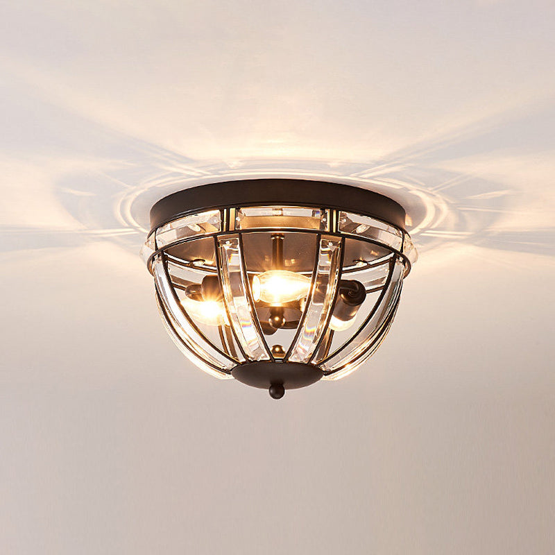 Black/Gold Crystal Dome Ceiling Fixture - Rectangle-Cut Simplicity Design 3 Bulbs Flush Mount Light