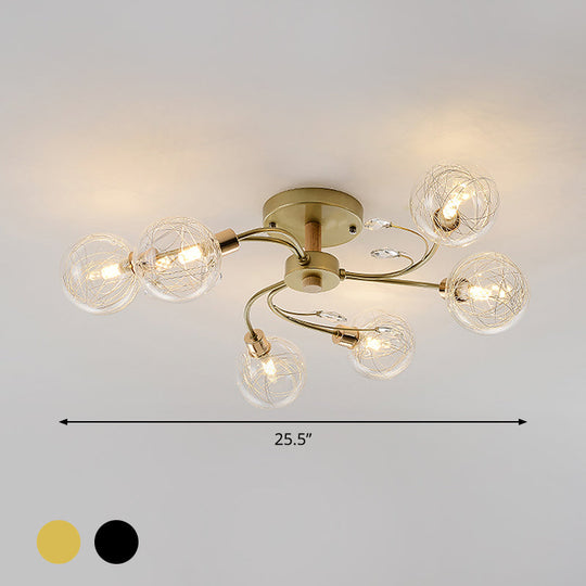 Contemporary 6-Light Clear Glass Ball Semi Flush Lamp In Black/Gold For Close-To-Ceiling Lighting