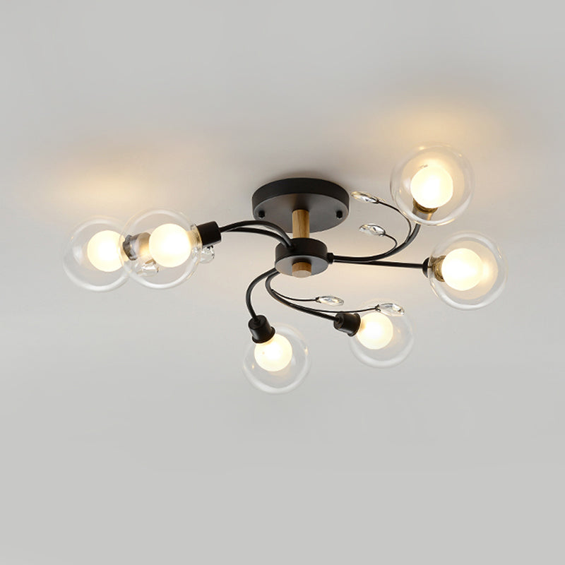 Contemporary 6-Light Clear Glass Ball Semi Flush Lamp In Black/Gold For Close-To-Ceiling Lighting