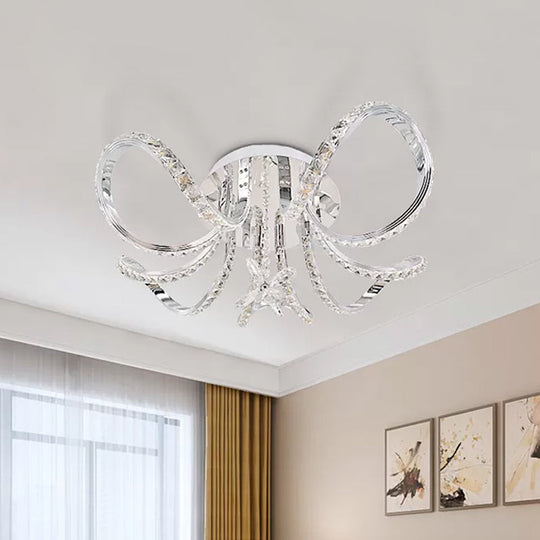 Sleek Nickel LED Curved Hoop Ceiling Light with Faceted Crystal Semi Flush Mount in Warm/White