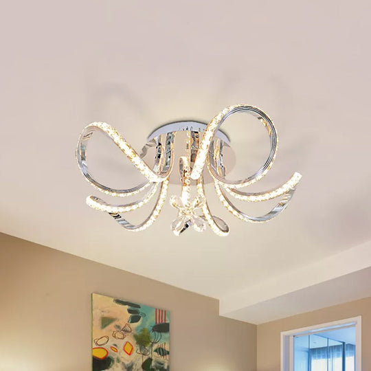 Sleek Nickel LED Curved Hoop Ceiling Light with Faceted Crystal Semi Flush Mount in Warm/White