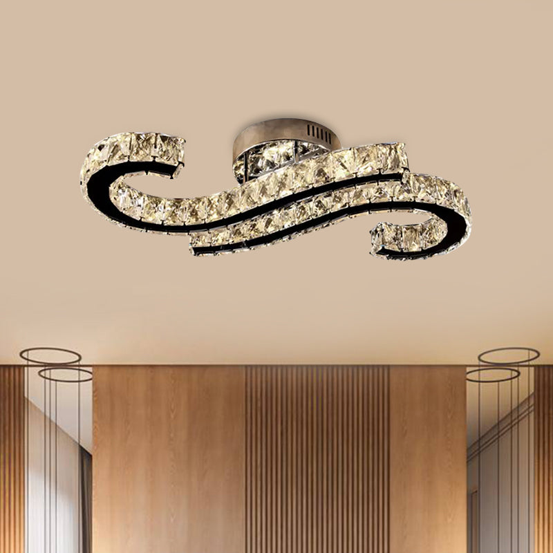 Sleek Crystal Stainless-Steel Ceiling Flush with LED Semi Mount Lighting in Warm/White Light