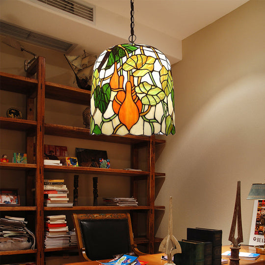 Green Tiffany Style Bell Pendant Lamp With Grape/Leaf Pattern / Leaf