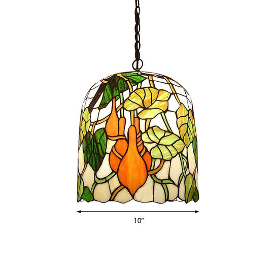 Green Tiffany Style Bell Pendant Lamp With Grape/Leaf Pattern