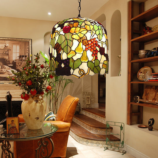 Green Cut Glass Bell Pendant Lamp with Grape/Leaf Pattern