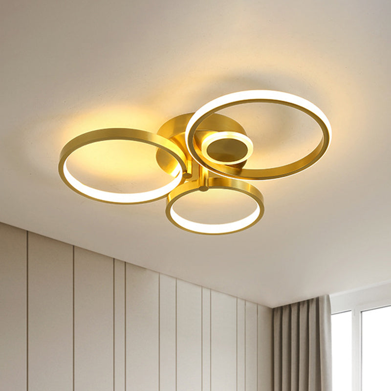 Gold Metal LED Bedroom Ceiling Mount Lamp - Circular Minimalist Flush Mount with Warm/White Light