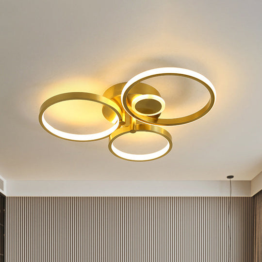 Gold Metal LED Bedroom Ceiling Mount Lamp - Circular Minimalist Flush Mount with Warm/White Light