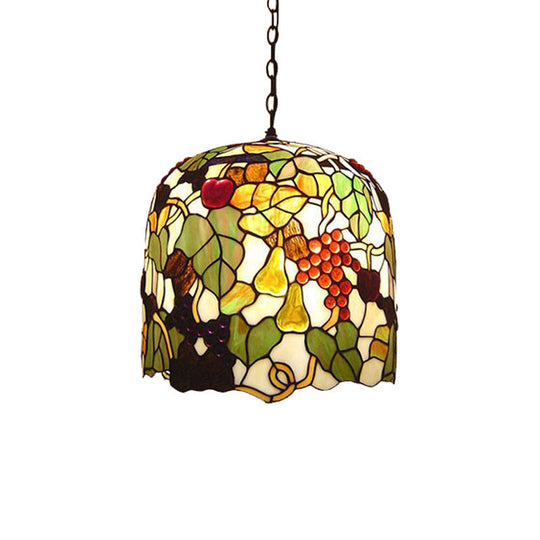 Green Tiffany Style Bell Pendant Lamp With Grape/Leaf Pattern