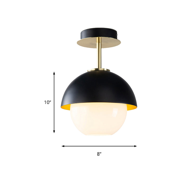 Black Glass Orb Semi Flush Mount Ceiling Light With Domed Shade - Modern Bathroom Lamp