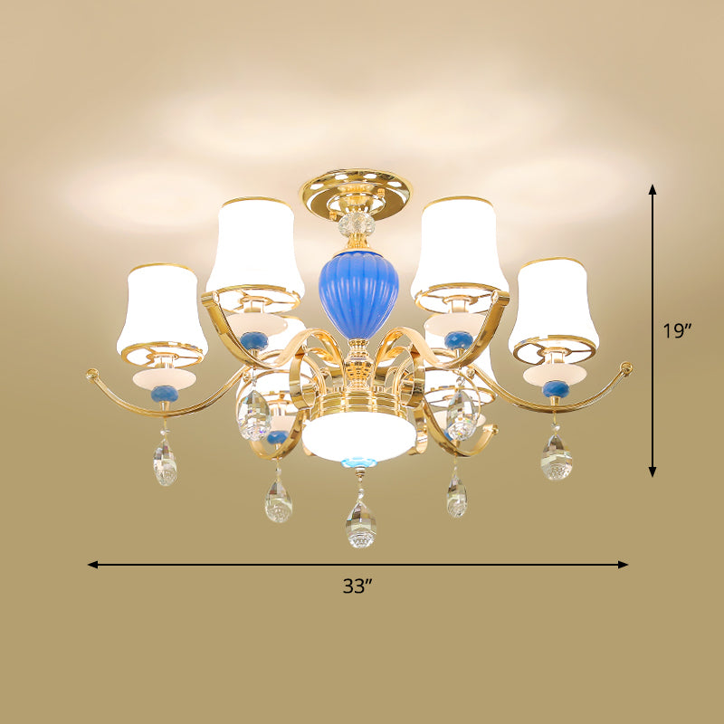 Rural Bell Semi Flush Mount Chandelier - Opal Glass 3/6/8 Head Ceiling Lamp With Crystal Drops