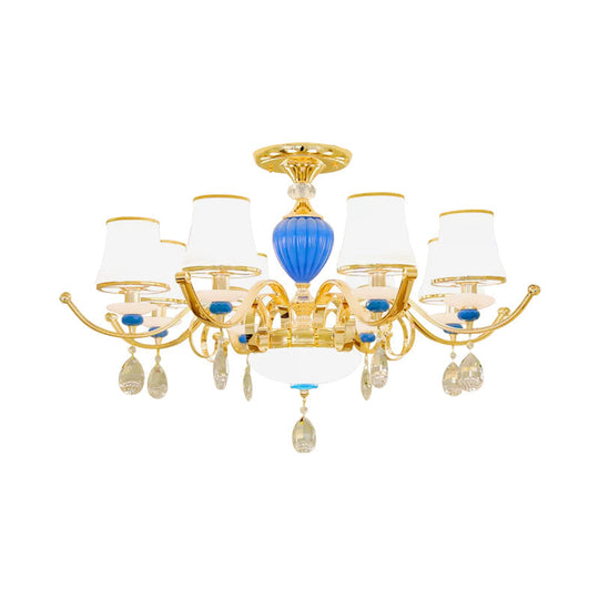 Rural Bell Semi Flush Mount Chandelier - Opal Glass 3/6/8 Head Ceiling Lamp With Crystal Drops