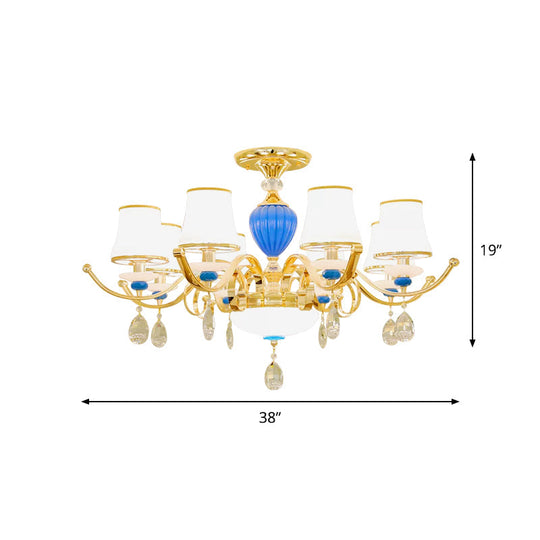 Rural Bell Semi Flush Mount Chandelier - Opal Glass 3/6/8 Head Ceiling Lamp With Crystal Drops