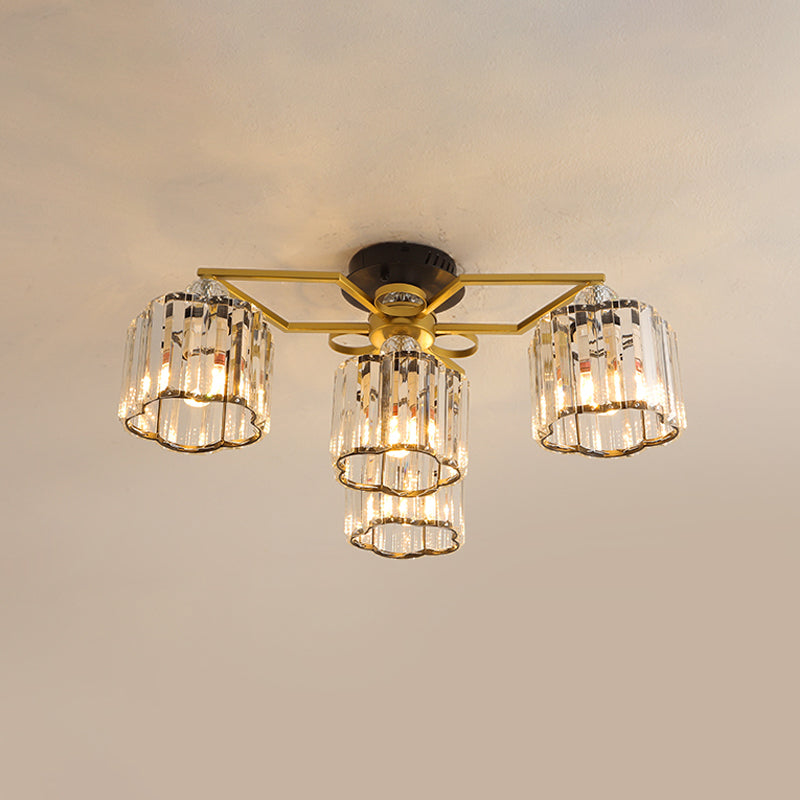 Gold Floral Cylinder Crystal Guest Room Semi Flush Ceiling Fixture (4/6/7-Light) - Minimalist Design