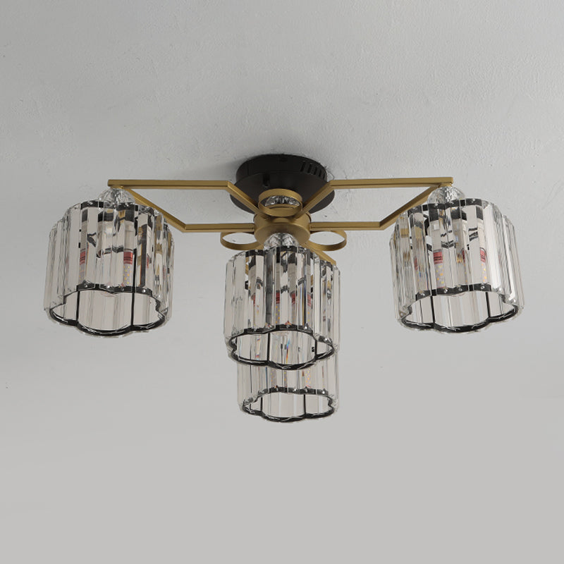 Gold Floral Cylinder Crystal Guest Room Semi Flush Ceiling Fixture (4/6/7-Light) - Minimalist Design