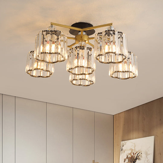 Gold Floral Cylinder Crystal Guest Room Semi Flush Ceiling Fixture (4/6/7-Light) - Minimalist Design