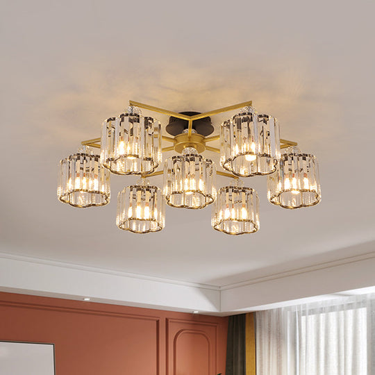 Gold Floral Cylinder Crystal Guest Room Semi Flush Ceiling Fixture (4/6/7-Light) - Minimalist Design