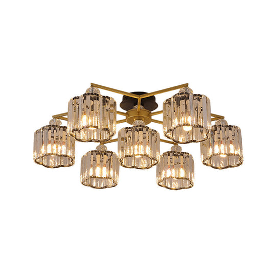 Gold Floral Cylinder Crystal Guest Room Semi Flush Ceiling Fixture (4/6/7-Light) - Minimalist Design