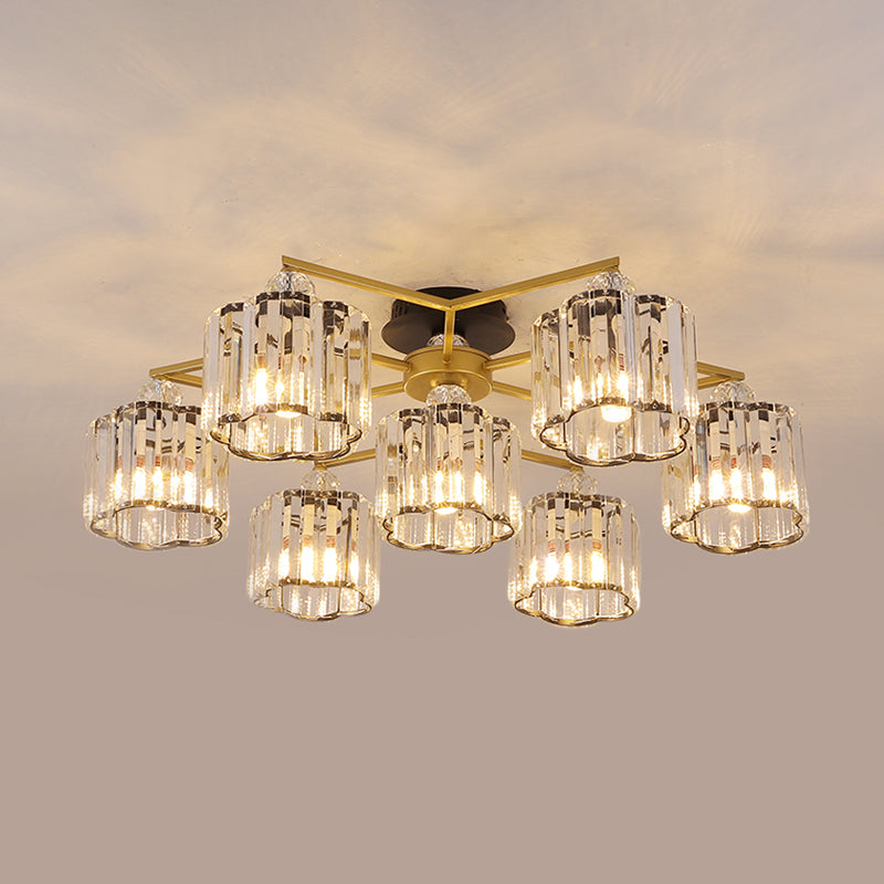 Gold Floral Cylinder Crystal Guest Room Semi Flush Ceiling Fixture (4/6/7-Light) - Minimalist Design