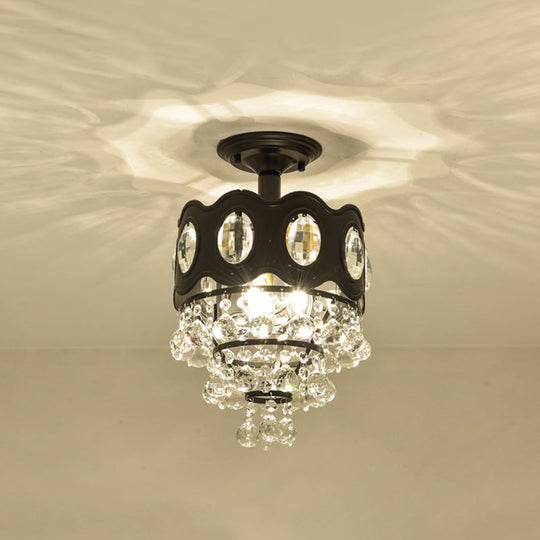 Black Tapered Semi Flush Crystal Orbs Ceiling Mounted Fixture For Hallway