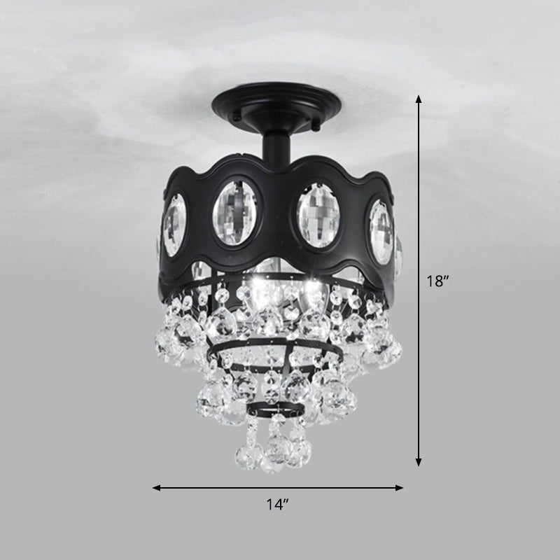 Black Tapered Semi Flush Crystal Orbs Ceiling Mounted Fixture For Hallway