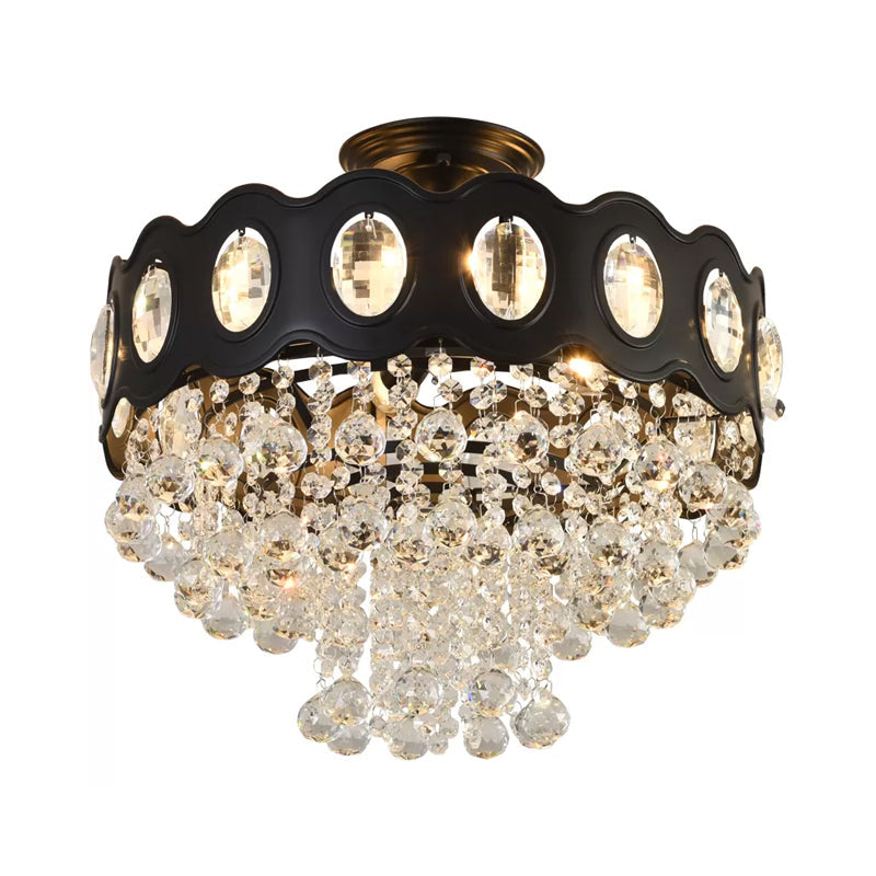 Black Tapered Semi Flush Crystal Orbs Ceiling Mounted Fixture For Hallway