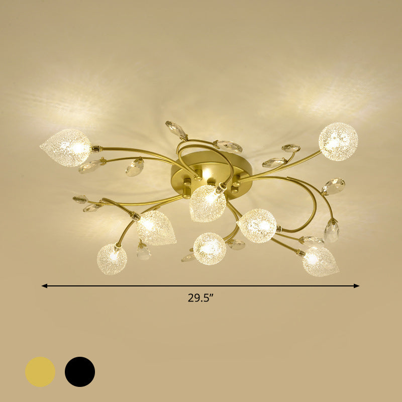 Sputnik Rustic Clear Glass Semi Flush Ceiling Light With Crystal Deco - 8/12-Head Black/Gold