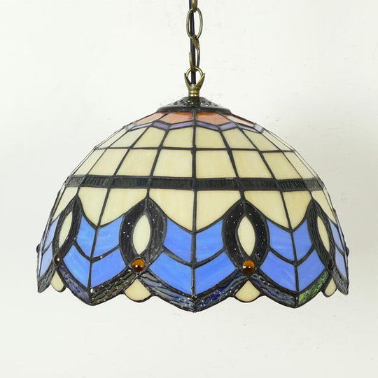 Baroque Dome Stained Glass Pendant Light - Elegant Indoor Lighting For Foyer Yellow-Blue