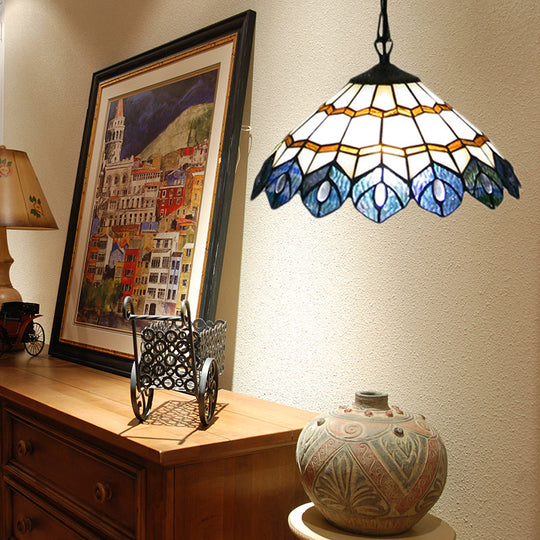 Tiffany Stained Glass Peacock Pendant Lamp - 1 Light Suspension for Dining Room