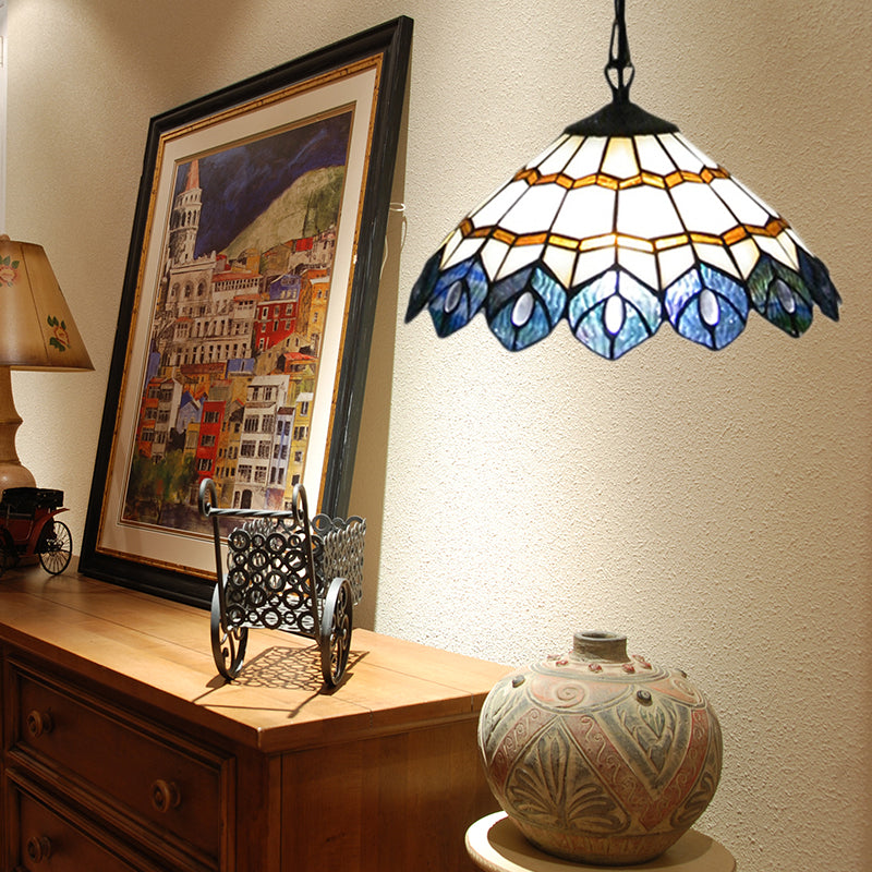 Tiffany-Style Peacock Pendant Lamp For Dining Room - Stained Glass 1-Light Suspension Blue